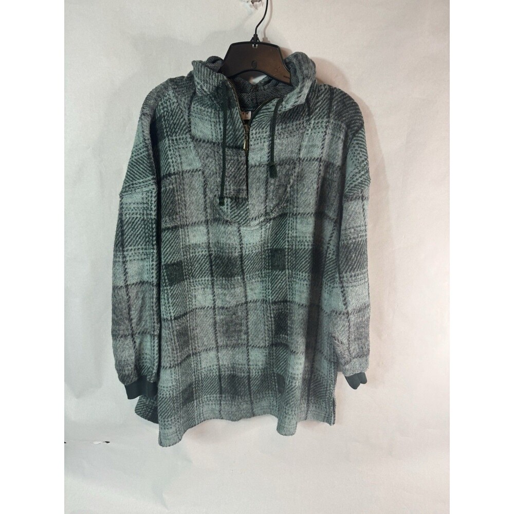New York & Company Women’s L Green/Black Plaid Knit Pullover Hooded Hoodie LS